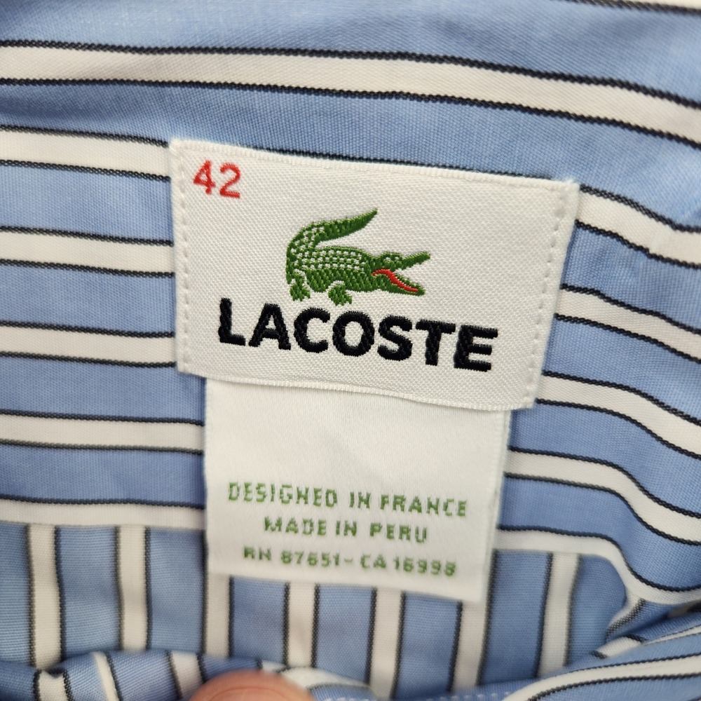 Lacoste Mens Blue White Striped Long Sleeve Button Down Shirt Size 42 L - Picture 3 of 6